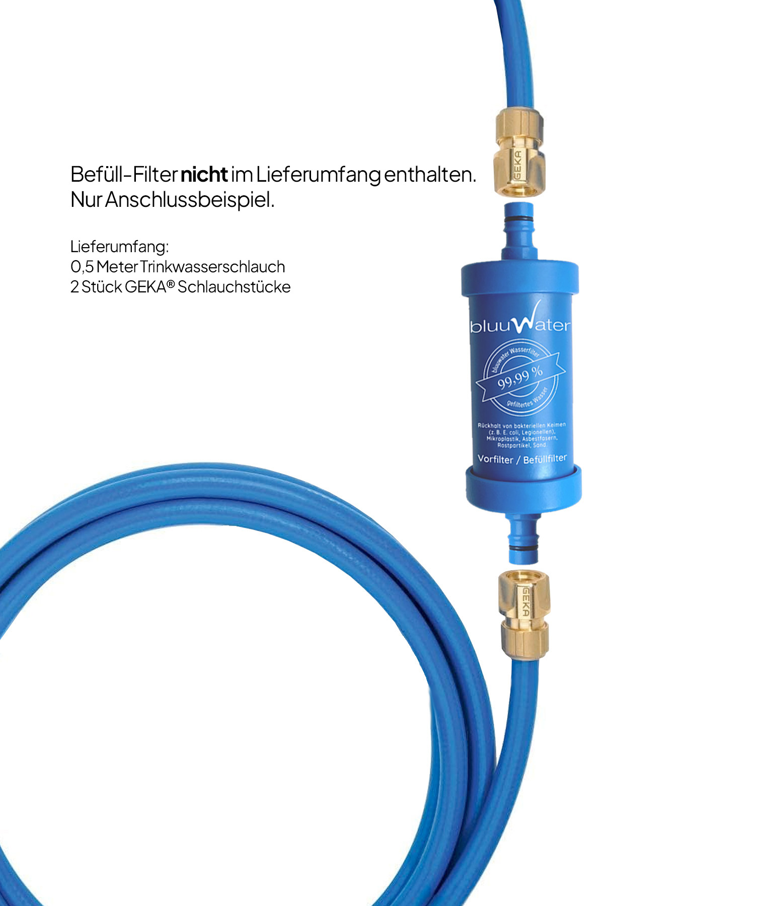 Anschluss-Schlauch und GEKA® Schlauchstücke zur Nutzung mit dem Bluuwater Befüll-Filter BF08